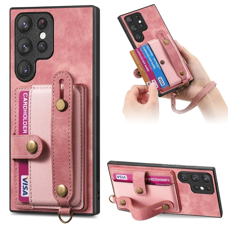D9 For Samsung Galaxy S23 Ultra Case Card Holder Retro Leather Coated PC+TPU Wristband Phone Cover