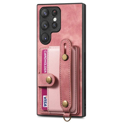 D9 For Samsung Galaxy S23 Ultra Case Card Holder Retro Leather Coated PC+TPU Wristband Phone Cover