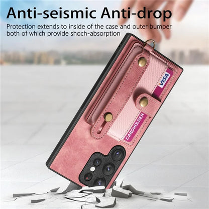 D9 For Samsung Galaxy S23 Ultra Case Card Holder Retro Leather Coated PC+TPU Wristband Phone Cover