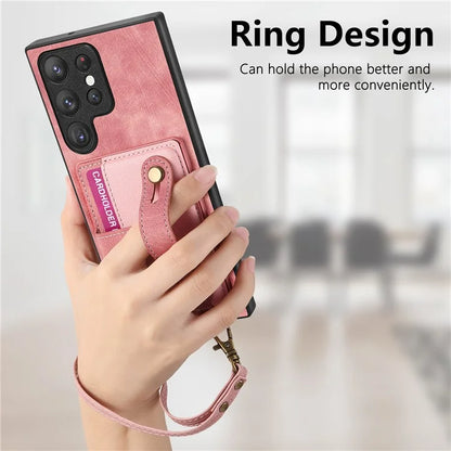 D9 For Samsung Galaxy S23 Ultra Case Card Holder Retro Leather Coated PC+TPU Wristband Phone Cover