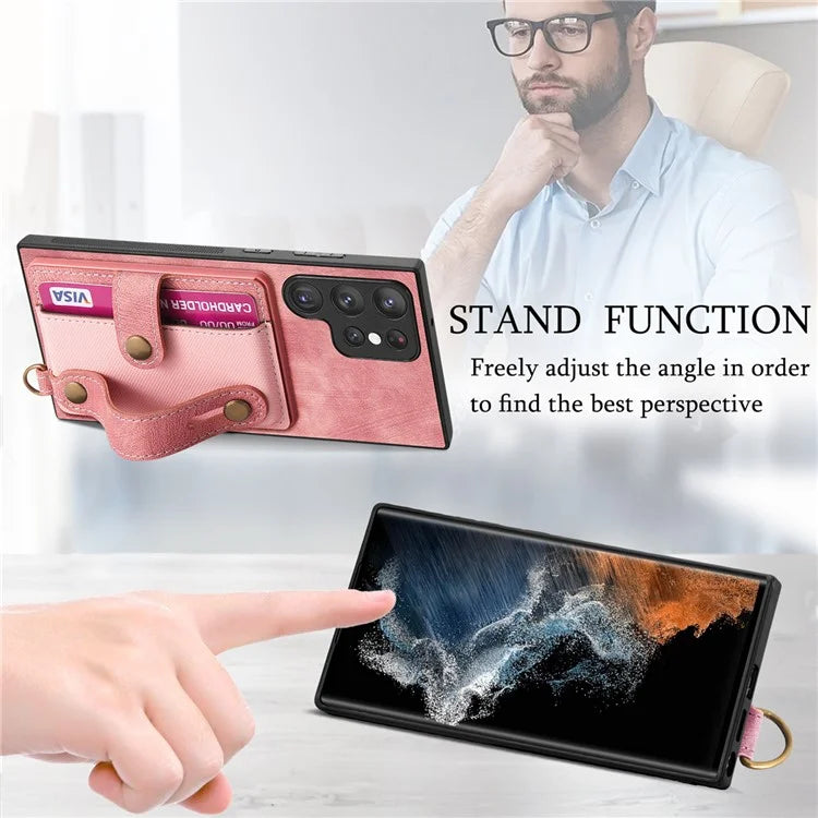 D9 For Samsung Galaxy S23 Ultra Case Card Holder Retro Leather Coated PC+TPU Wristband Phone Cover