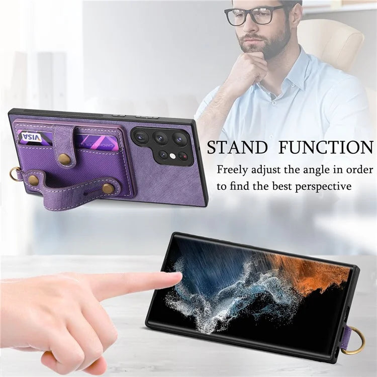 D9 For Samsung Galaxy S23 Ultra Case Card Holder Retro Leather Coated PC+TPU Wristband Phone Cover