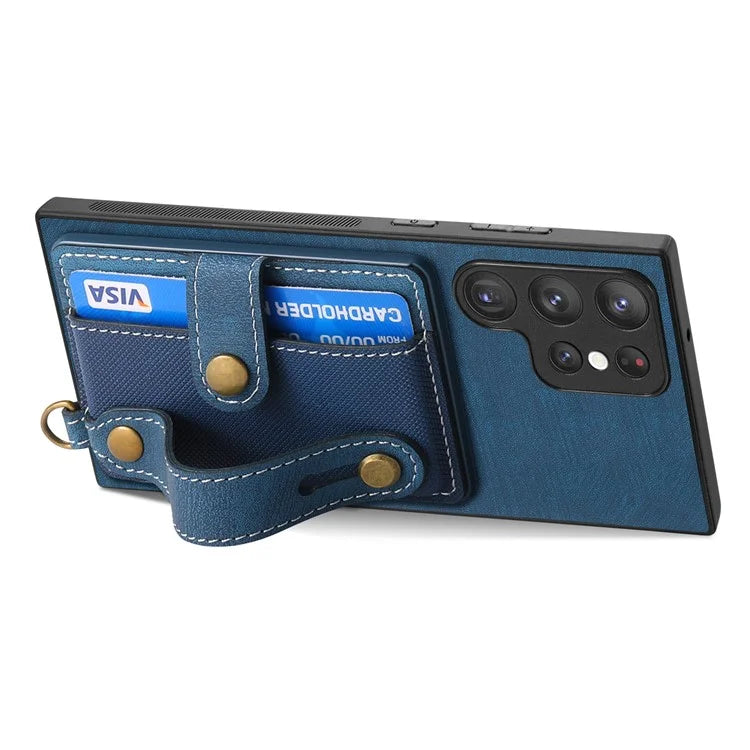 D9 For Samsung Galaxy S23 Ultra Case Card Holder Retro Leather Coated PC+TPU Wristband Phone Cover