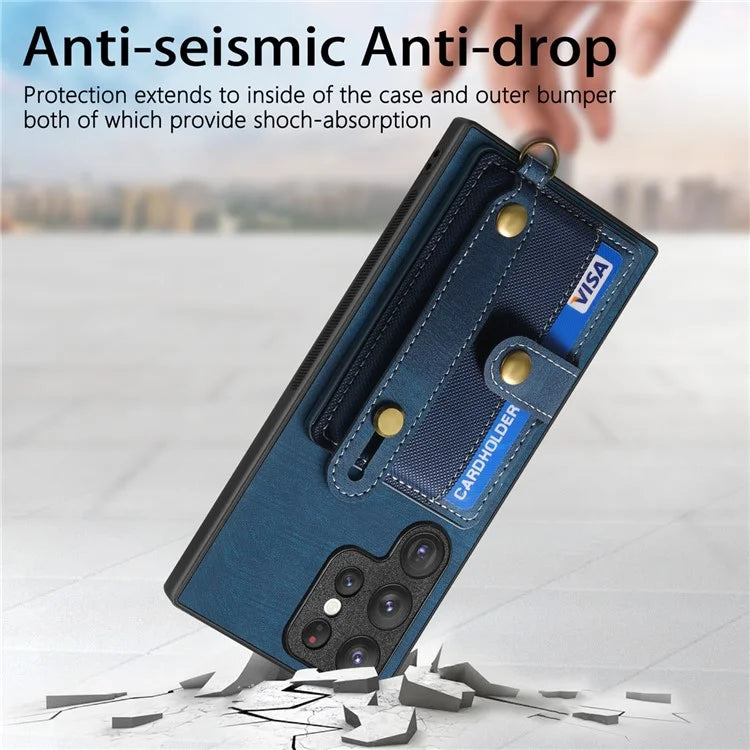 D9 For Samsung Galaxy S23 Ultra Case Card Holder Retro Leather Coated PC+TPU Wristband Phone Cover