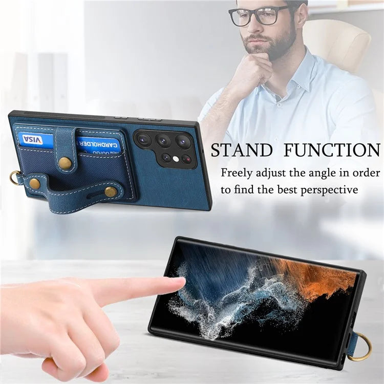 D9 For Samsung Galaxy S23 Ultra Case Card Holder Retro Leather Coated PC+TPU Wristband Phone Cover
