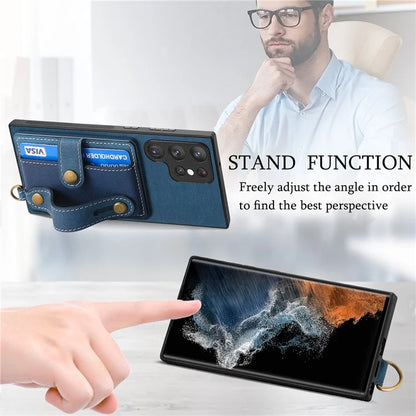 D9 For Samsung Galaxy S23 Ultra Case Card Holder Retro Leather Coated PC+TPU Wristband Phone Cover