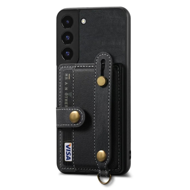 D9 For Samsung Galaxy S22 5G Case Leather Coated TPU+PC Bump Proof Back Shell with Card Slot