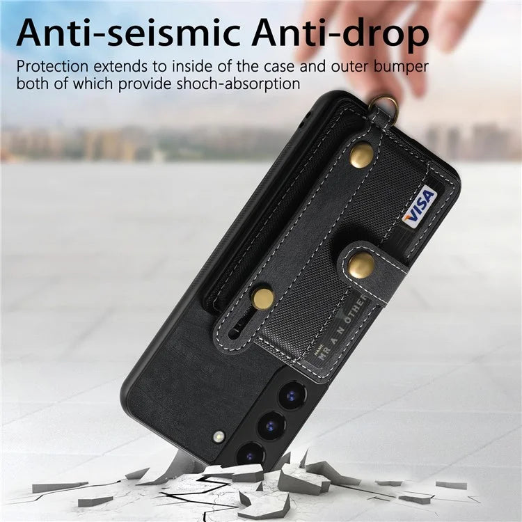 D9 For Samsung Galaxy S22 5G Case Leather Coated TPU+PC Bump Proof Back Shell with Card Slot