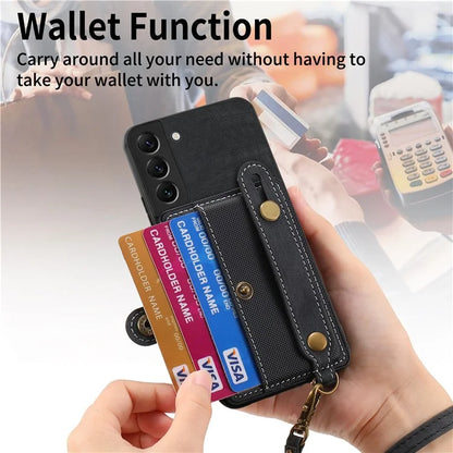 D9 For Samsung Galaxy S22 5G Case Leather Coated TPU+PC Bump Proof Back Shell with Card Slot