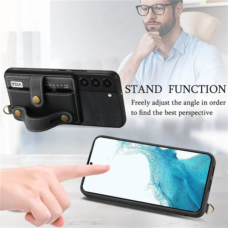 D9 For Samsung Galaxy S22 5G Case Leather Coated TPU+PC Bump Proof Back Shell with Card Slot