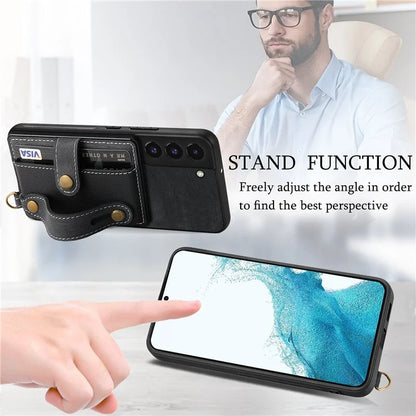 D9 For Samsung Galaxy S22 5G Case Leather Coated TPU+PC Bump Proof Back Shell with Card Slot