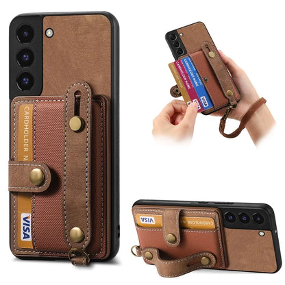 D9 For Samsung Galaxy S22 5G Case Leather Coated TPU+PC Bump Proof Back Shell with Card Slot