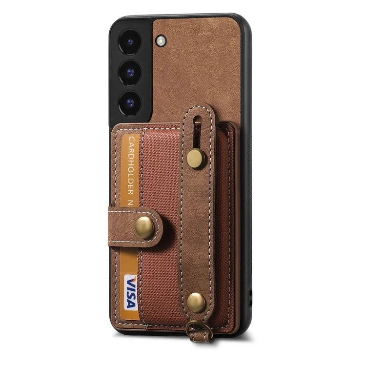 D9 For Samsung Galaxy S22 5G Case Leather Coated TPU+PC Bump Proof Back Shell with Card Slot