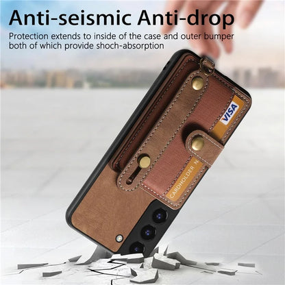 D9 For Samsung Galaxy S22 5G Case Leather Coated TPU+PC Bump Proof Back Shell with Card Slot