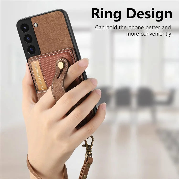 D9 For Samsung Galaxy S22 5G Case Leather Coated TPU+PC Bump Proof Back Shell with Card Slot