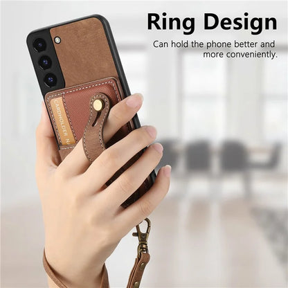 D9 For Samsung Galaxy S22 5G Case Leather Coated TPU+PC Bump Proof Back Shell with Card Slot