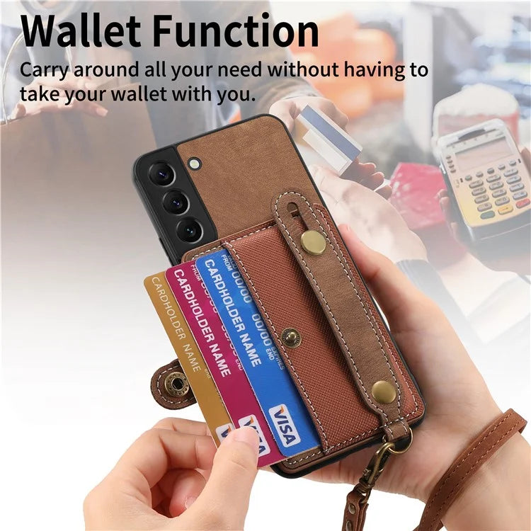 D9 For Samsung Galaxy S22 5G Case Leather Coated TPU+PC Bump Proof Back Shell with Card Slot