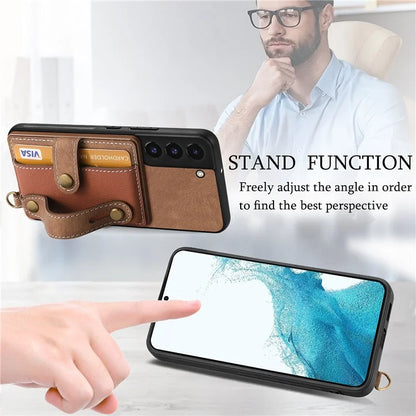 D9 For Samsung Galaxy S22 5G Case Leather Coated TPU+PC Bump Proof Back Shell with Card Slot