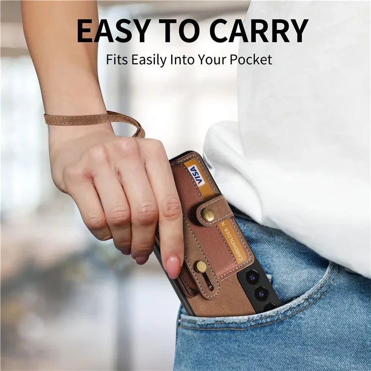 D9 For Samsung Galaxy S22 5G Case Leather Coated TPU+PC Bump Proof Back Shell with Card Slot