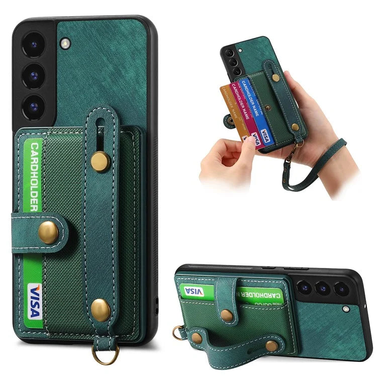D9 For Samsung Galaxy S22 5G Case Leather Coated TPU+PC Bump Proof Back Shell with Card Slot