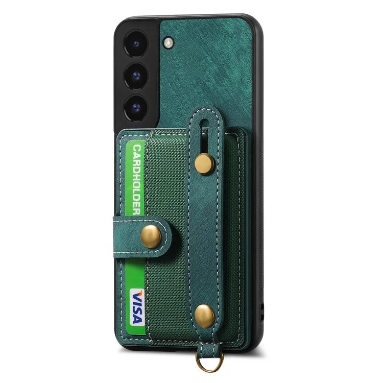 D9 For Samsung Galaxy S22 5G Case Leather Coated TPU+PC Bump Proof Back Shell with Card Slot
