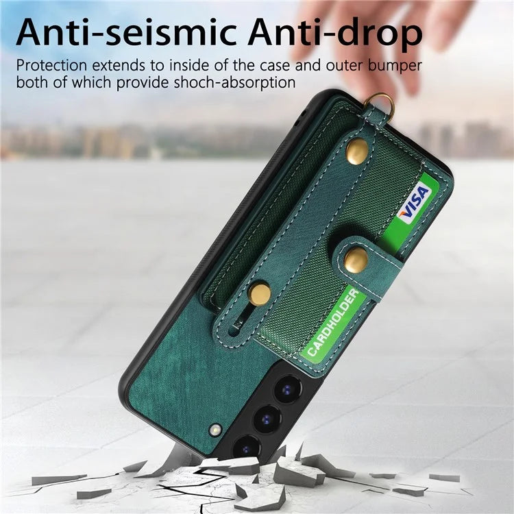 D9 For Samsung Galaxy S22 5G Case Leather Coated TPU+PC Bump Proof Back Shell with Card Slot