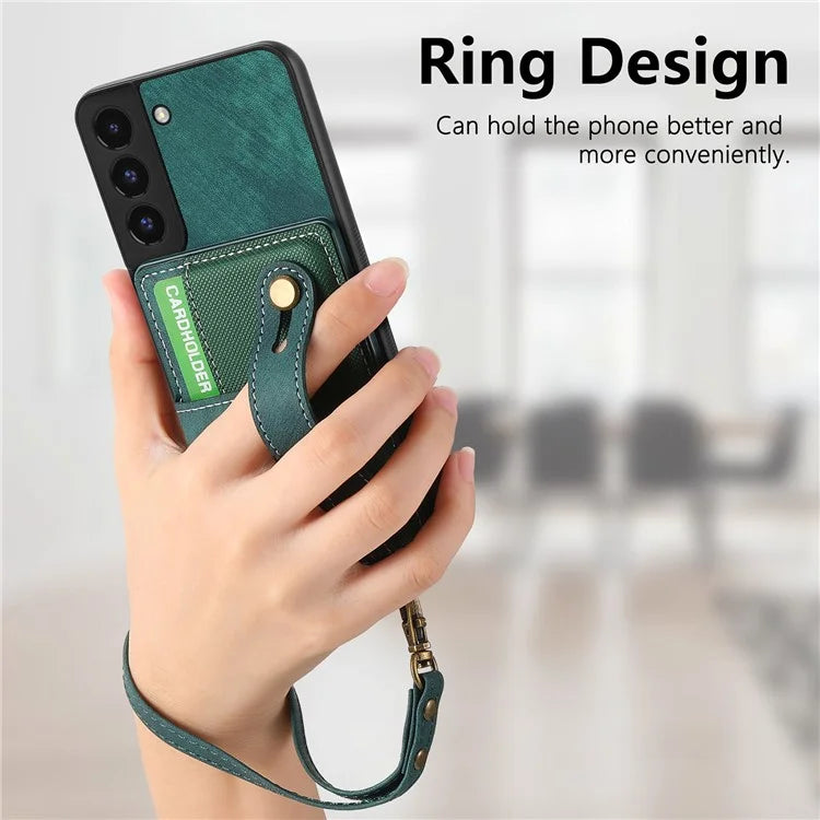 D9 For Samsung Galaxy S22 5G Case Leather Coated TPU+PC Bump Proof Back Shell with Card Slot