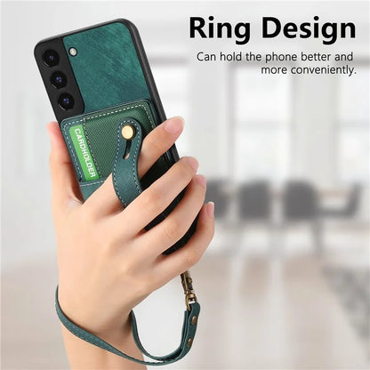 D9 For Samsung Galaxy S22 5G Case Leather Coated TPU+PC Bump Proof Back Shell with Card Slot