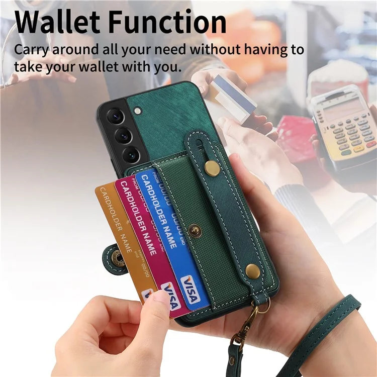 D9 For Samsung Galaxy S22 5G Case Leather Coated TPU+PC Bump Proof Back Shell with Card Slot