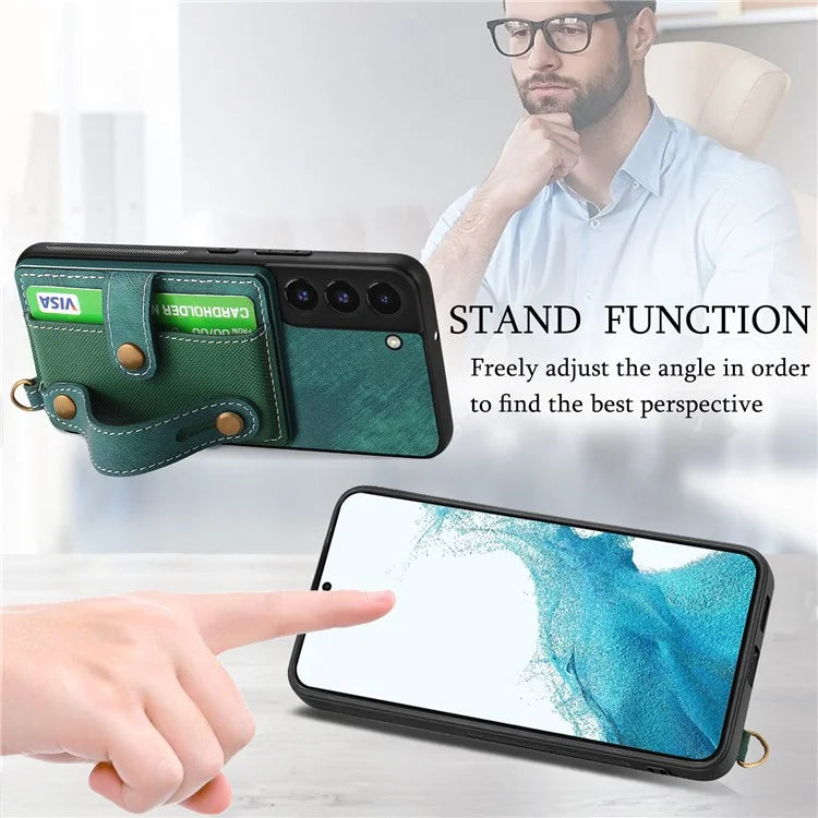 D9 For Samsung Galaxy S22 5G Case Leather Coated TPU+PC Bump Proof Back Shell with Card Slot