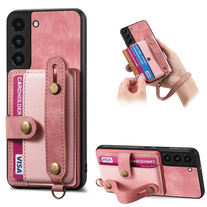 D9 For Samsung Galaxy S22 5G Case Leather Coated TPU+PC Bump Proof Back Shell with Card Slot