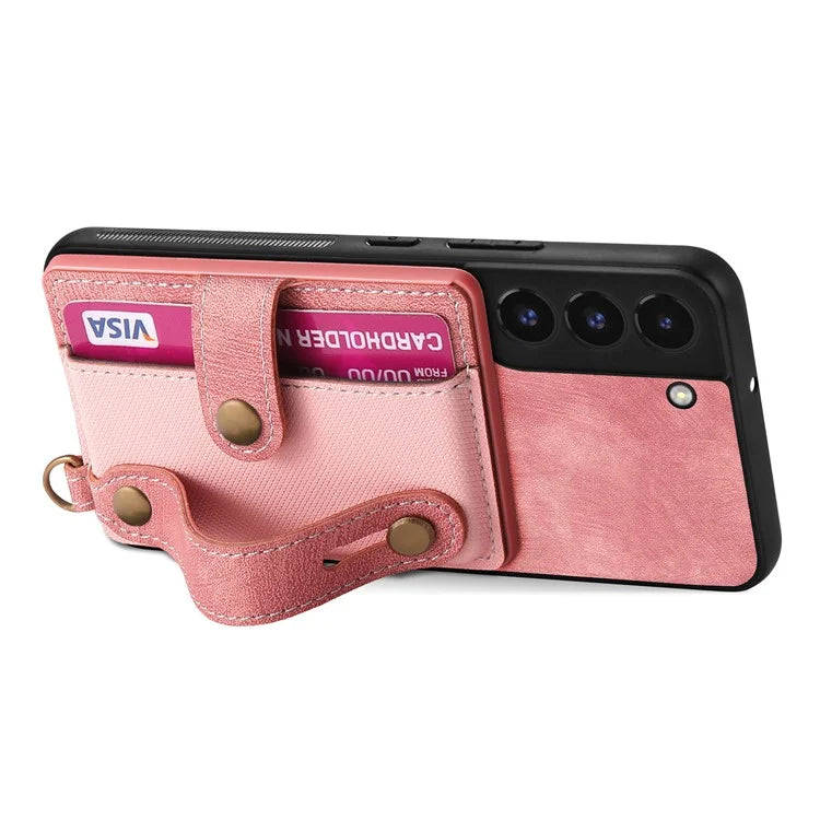 D9 For Samsung Galaxy S22 5G Case Leather Coated TPU+PC Bump Proof Back Shell with Card Slot