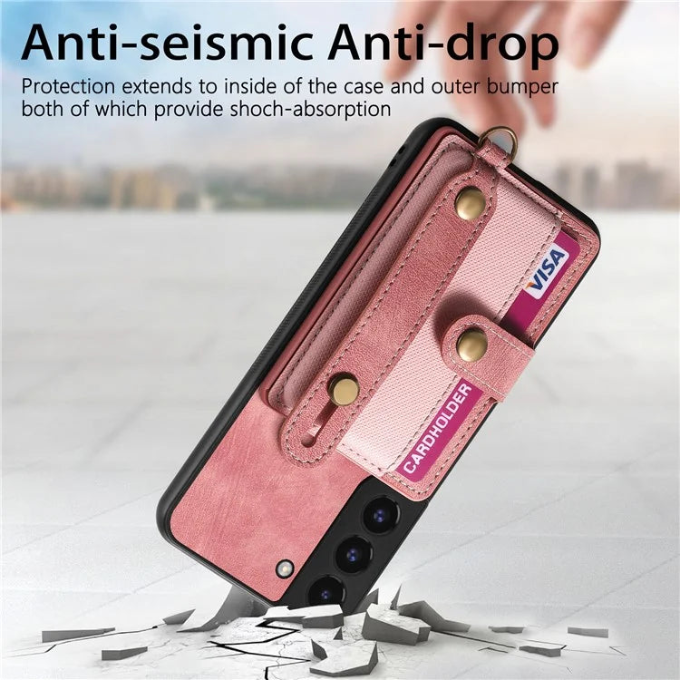 D9 For Samsung Galaxy S22 5G Case Leather Coated TPU+PC Bump Proof Back Shell with Card Slot
