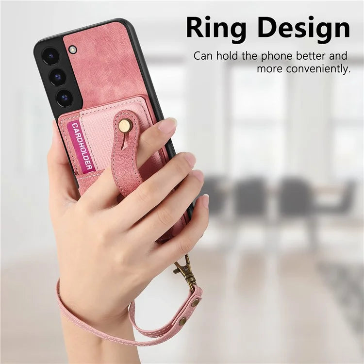 D9 For Samsung Galaxy S22 5G Case Leather Coated TPU+PC Bump Proof Back Shell with Card Slot