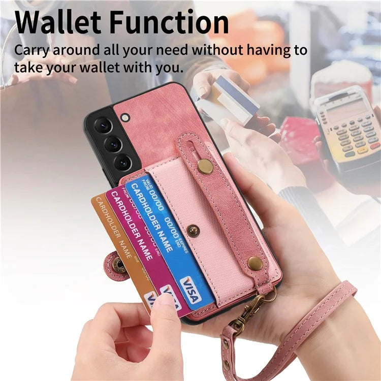 D9 For Samsung Galaxy S22 5G Case Leather Coated TPU+PC Bump Proof Back Shell with Card Slot
