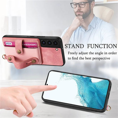 D9 For Samsung Galaxy S22 5G Case Leather Coated TPU+PC Bump Proof Back Shell with Card Slot