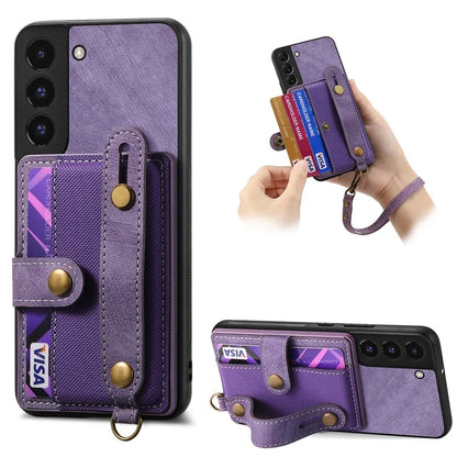 D9 For Samsung Galaxy S22 5G Case Leather Coated TPU+PC Bump Proof Back Shell with Card Slot