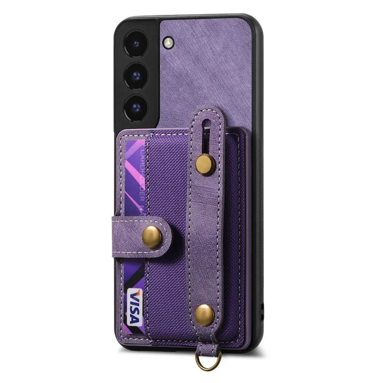 D9 For Samsung Galaxy S22 5G Case Leather Coated TPU+PC Bump Proof Back Shell with Card Slot