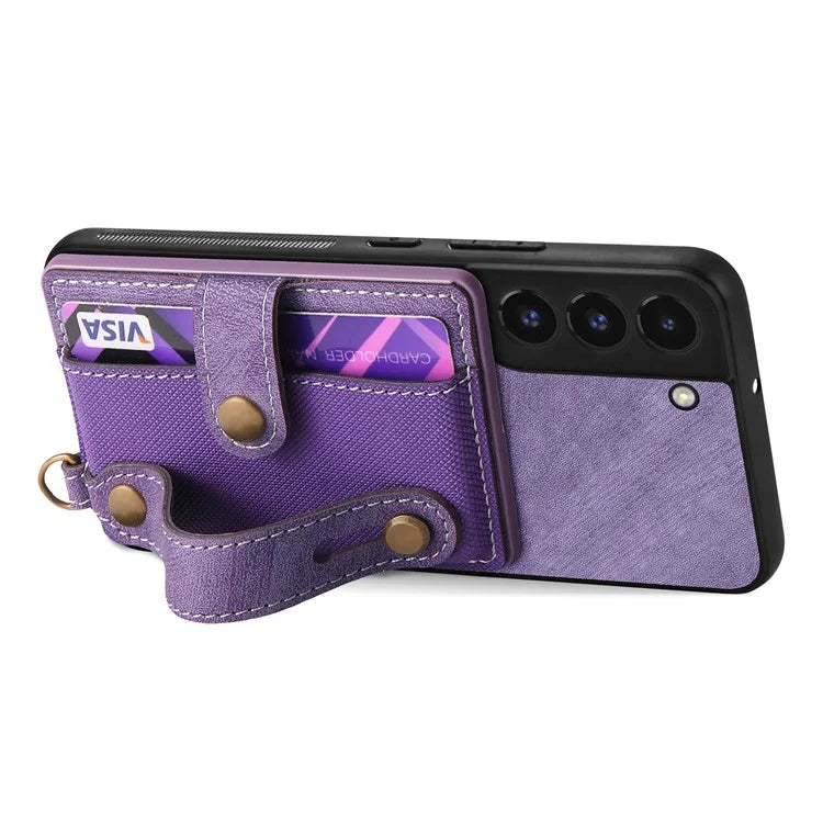 D9 For Samsung Galaxy S22 5G Case Leather Coated TPU+PC Bump Proof Back Shell with Card Slot