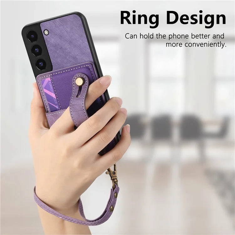 D9 For Samsung Galaxy S22 5G Case Leather Coated TPU+PC Bump Proof Back Shell with Card Slot