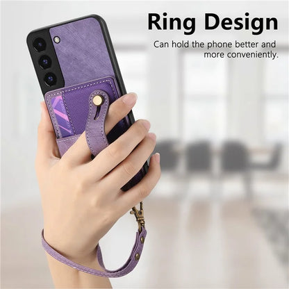 D9 For Samsung Galaxy S22 5G Case Leather Coated TPU+PC Bump Proof Back Shell with Card Slot