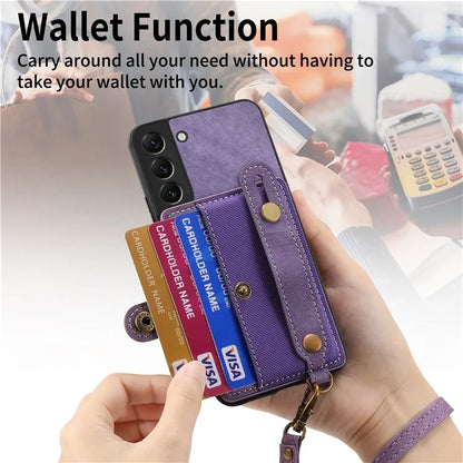 D9 For Samsung Galaxy S22 5G Case Leather Coated TPU+PC Bump Proof Back Shell with Card Slot