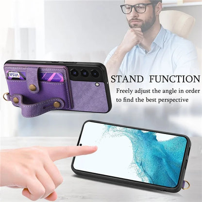 D9 For Samsung Galaxy S22 5G Case Leather Coated TPU+PC Bump Proof Back Shell with Card Slot
