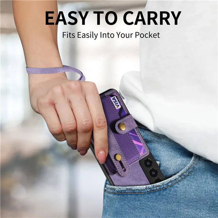 D9 For Samsung Galaxy S22 5G Case Leather Coated TPU+PC Bump Proof Back Shell with Card Slot