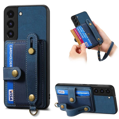 D9 For Samsung Galaxy S22 5G Case Leather Coated TPU+PC Bump Proof Back Shell with Card Slot