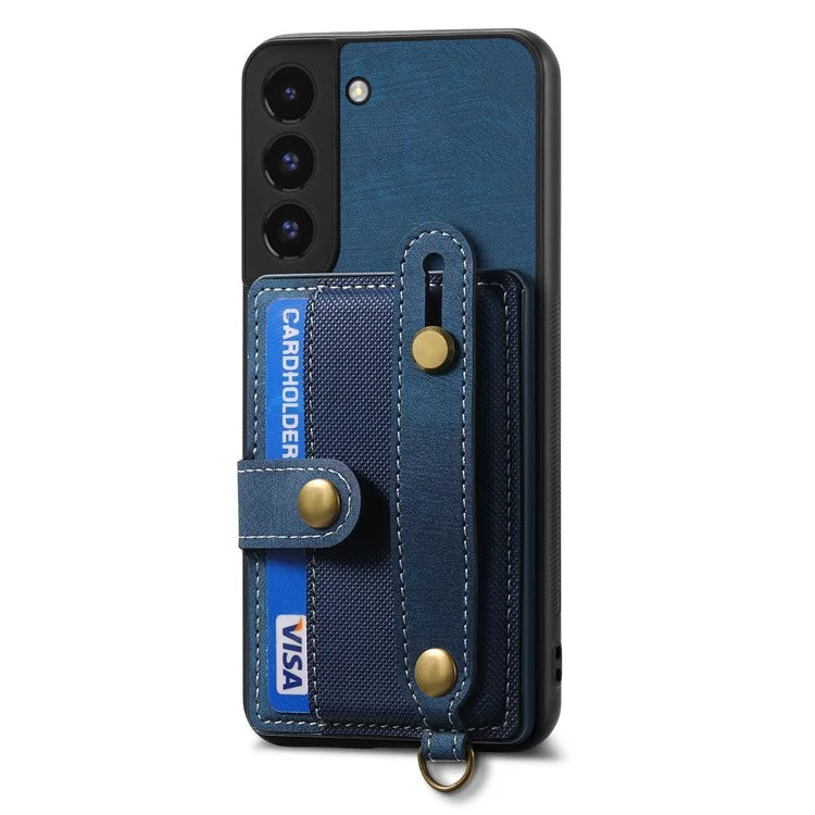 D9 For Samsung Galaxy S22 5G Case Leather Coated TPU+PC Bump Proof Back Shell with Card Slot
