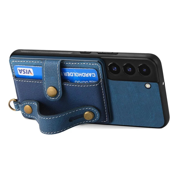D9 For Samsung Galaxy S22 5G Case Leather Coated TPU+PC Bump Proof Back Shell with Card Slot