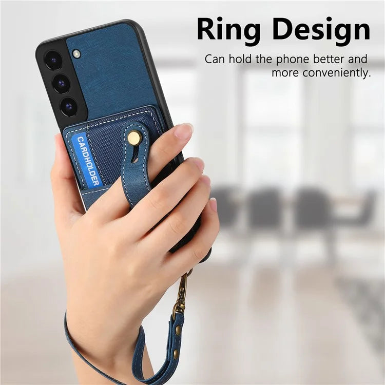 D9 For Samsung Galaxy S22 5G Case Leather Coated TPU+PC Bump Proof Back Shell with Card Slot