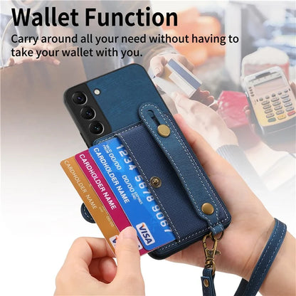 D9 For Samsung Galaxy S22 5G Case Leather Coated TPU+PC Bump Proof Back Shell with Card Slot