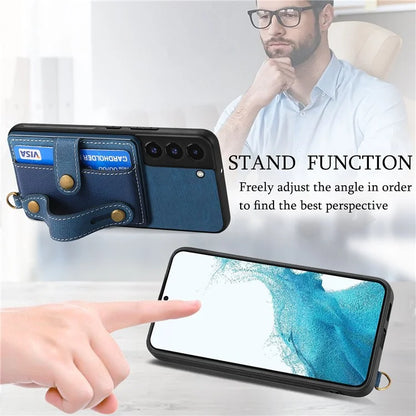 D9 For Samsung Galaxy S22 5G Case Leather Coated TPU+PC Bump Proof Back Shell with Card Slot